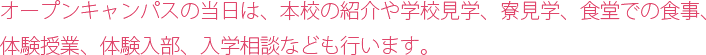 オープンキャンパスの当日は、学校説明や施設見学、寮見学、校内レストランでの食事体験（無料）、コース別体験授業、クラブ体験（全クラブ対象）、入学相談(個別相談)なども行います。